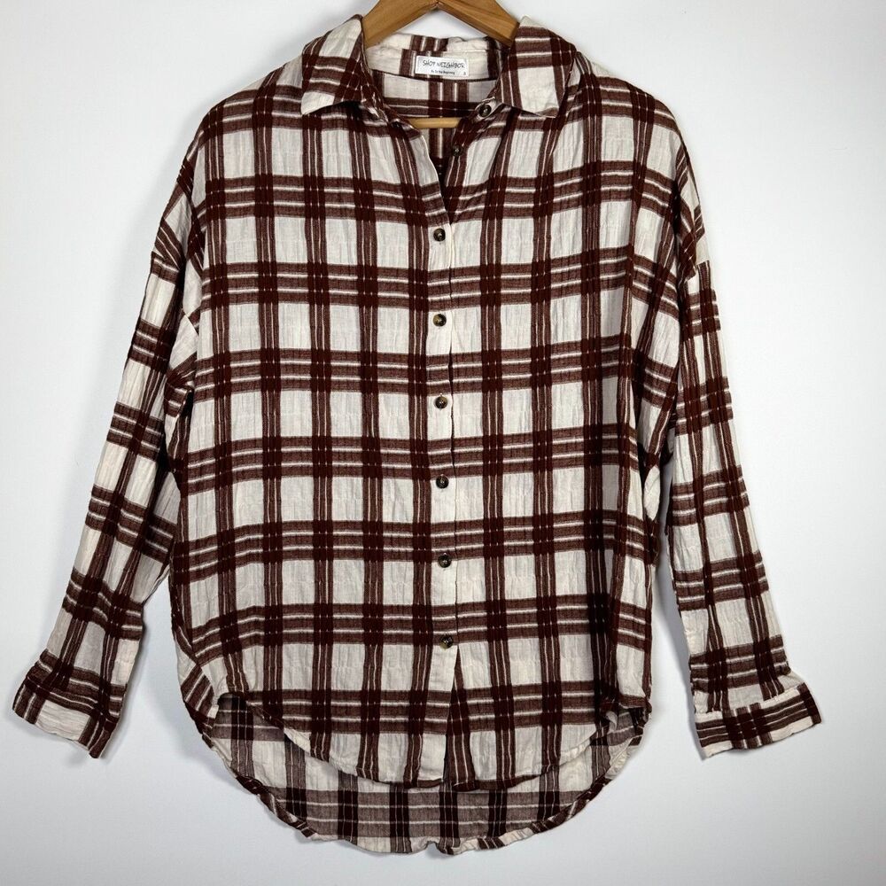 Shop Neighbor Plaid Shirt‎ Womens Small Brown White Cotton Long Sleeve Textured